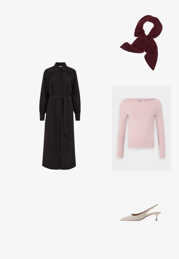 Langärmliges Oberteil in hellem Rosa, aus weicher Baumwolle gefertigt. Verfügt über einen weiten runden Ausschnitt und eine figurbetonte Silhouette mit einem cropped Saum.; Langes schwarzes Kleid mit kragenähnlichem Ausschnitt, Knopfleiste, langen Puffärmel und einem Bindegürtel in der Taille. Hergestellt aus glattem Stoff.; Beige Slingback-Absatzschuhe mit spitzer Zehenform und niedrigem, ausgestellten Absatz. Hergestellt aus glattem Leder mit einem minimalistischen Design und verstellbarem Riemen.; Burgunderfarbener Schal aus weichem, strukturiertem Stoff; hat eine elongated Form mit spitzen Enden, geeignet zum Wickeln oder Binden.; Braune Handtasche aus Leder mit strukturiertem Finish, ausgestattet mit einem goldfarbigen Verschluss und einem einzigen, geschwungenen Schulterriemen.