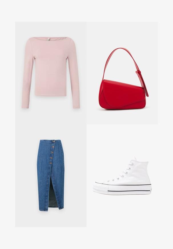 Pitkähihaista ykköstä vaaleanpunaisena, pehmeästä puuvillasta valmistettu. Ominaisuuksina on leveä pyöreä kaula-aukko ja kapea siluetti, jossa on lyhyt helma.; Keskisininen denim-puolihame, jossa on etureikä ja kuusi ruskeaa nappia sivusaumassa. Sujuva pinta ja tiukka malli.; Valkoiset korkeavartiset kangaskengät mustalla kumipohjalla, edessä kuminen varvasosa ja kuusi nauha-aukkoa, puhtaan minimalistisella muotoilulla.; Punainen nahkalaukku, jossa on kulmikas, geometrinen muotoilu. Varustettu yhdellä säädettävällä hihnalla ja läpällä, jossa on ommeltu yksityiskohtia.