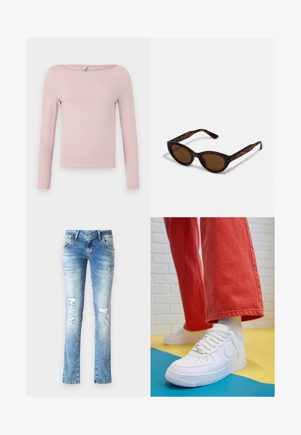 Dlhý rukáv top v svetloružovej farbe, vyrobený z jemnej bavlny. Má široký okrúhly výstrih a priliehavý strih s kratším lemom.; Svetlomodré rifle z denimového materiálu s voľným strihom, so zaoblenými detailmi, zapínaním na gombíky s dvoma gombíkmi a rovnými nohavicami.; Biele kožené tenisky s perforovanou špičkou, textúrovanou podrážkou a bielymi šnúrkami, spárované so širokými červenými nohavicami na modrom a žltom pozadí.; Hnedé slnečné okuliare v štýle tortoiseshell s vintage cat-eye tvarom a hnedými sklami. Majú zakrivené ramienka s červenými akcentmi.; Zlaté kruhové náušnice s hladkým, lesklým povrchom. Cirkulárny dizajn s malým steblom a jasným záznamom pre bezpečné nosenie.