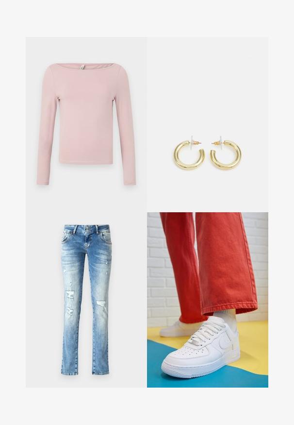 Ilga rankovė palaidinė šviesiai rožinės spalvos, pagaminta iš minkštos medvilnės. Turi plačią apvalią iškirptę ir prigludusį siluetą su trumpa apatine dalimi.; Šviesiai mėlyni džinsai su laisvu kirpimu, su nusidėvėjimo detalėmis, mygtukų užtrauktuku su dviem mygtukais ir tiesiomis kojomis.; Baltos odinės kedų sportbačiai su perforuotu pirštu, tekstūruota pado dalimi ir baltais raišteliais, derinami su plačiomis raudonomis kelnėmis ir mėlynos bei geltonos spalvų fono kompozicija.; Aukso auskarai su lygiu, blizgiu paviršiumi. Apvalus dizainas su maža užrakto dalimi ir skaidria atrama saugiam nešiojimui.