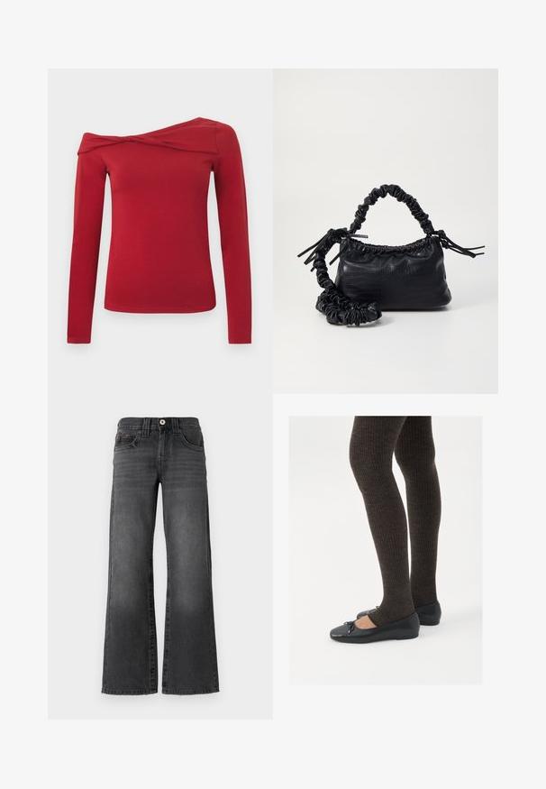 Rød top med lange ærmer og asymmetrisk design, der sidder skævt over skuldrene. Lavet af et blødt, elastisk materiale med en glat tekstur.; Bredde ben jeans i mørkegrå denim. Har fem lommer, en knaplukning og subtil falmning på stoffet. Klassiske syninger som accentuerer.; Sorte flade sko med en lille sløjfedetalje ved tåen, parret med mørkebrune ribbede strømpebukser. Skoene har en glat overflade og lav profil.; Sort kunstlæder håndtaske med krokodilteksur, indsnøret top og en sammenkrøben rem. Ser blød og kompakt ud i designet.