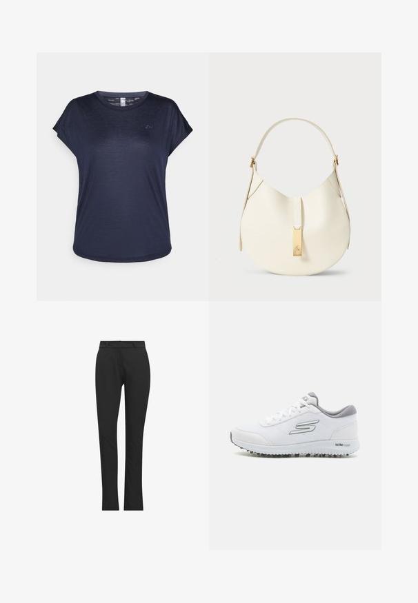 Marineblauw t-shirt met korte mouwen, gemaakt van lichtgewicht stof, met een ronde halslijn en subtiele logo-detail op de borst.; Zwarte getailleerde broek gemaakt van een rekbare stof, met een gladde textuur, slim fit en een platte voorkant met riemlussen.; Witte sportschoenen met een gestructureerde mesh bovenkant, zilveren accenten en een lichtgewicht zool met kleine grip-noppen, gemarkeerd met 'ULTRA FLIGHT'.; Crème leren schoudertas met een gebogen vorm, bovenklepsluiting, gouden hardware en een gestructureerde afwerking.
