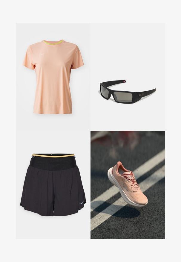 T-shirt desportivo de mangas curtas em tom pêssego, com um corte justo, decote redondo e um colarinho interior verde-claro em contraste. Apresenta um pequeno logo branco.; Calções atléticos pretos com uma cintura canelada preta e um detalhe amarelo. Apresentam um ajuste solto e aberturas laterais para maior liberdade de movimento.; Sapatilha de corrida rosa claro com parte superior em malha texturizada, sola intermédia branca e atacadores tonais. Apresenta o logótipo HOKA de lado. Flutua sobre asfalto.; Óculos de sol pretos com acabamento mate, lentes retangulares, leve curvatura nas hastes, detalhe sutil do logo e lentes de cor fumada.