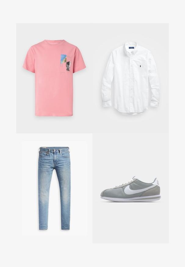 Różowa bawełniana koszulka z krótkim rękawem. Posiada nadrukowaną grafikę w kolorach niebieskim, zielonym i czarnym, w tym tekst i kształty geometryczne z przodu.; Biała, bawełniana koszula z długim rękawem zapinana na guziki. Posiada klasyczny kołnierzyk, mankiety zapinane na guziki oraz małe, granatowe, haftowane logo na klatce piersiowej.; Jasnoniebieskie, dopasowane dżinsy z lekkim przetarciem na udach, z zapięciem na guziki z przodu, pętelkami na pasek oraz pięcioma kieszeniami, na białym tle.; Szare buty sportowe z cholewką z zamszu i tekstyliów, białym logo Nike i białymi sznurówkami. Posiadają teksturowaną gumową podeszwę i wyściełany kołnierz.