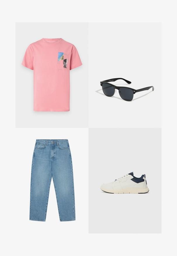Růžové bavlněné tričko s krátkým rukávem. Má potisk v modré, zelené a černé barvě, včetně textu a geometrických tvarů na přední straně.; Světle modré džíny s širokými nohavicemi a vysokým pasem, které mají pět kapes, poutka na opasek a měkkou, mírně vybledlou strukturu.; Tenisky s bílým syntetickým svrškem, námořnickými látkovými akcenty, texturovanou podrážkou a šněrovacím zapínáním. Zaoblená špička a poutko na zadní straně.; Černé sluneční brýle s obdélníkovým tvarem, tmavými skly, stříbrnými akcenty na spáncích a matným povrchem rámu.