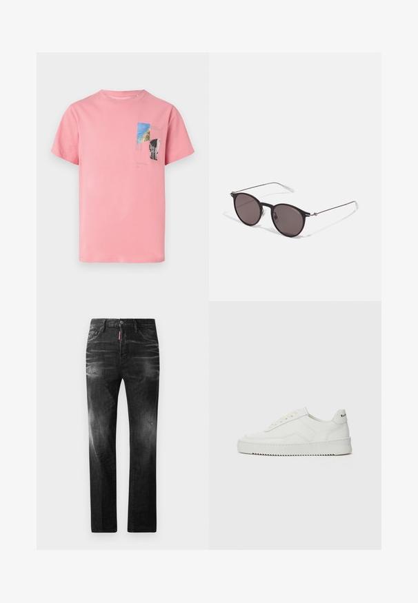 Ružová bavlnená tričko s krátkymi rukávmi. Obsahuje potlač v modrej, zelenej a čiernej farbe, vrátane textu a geometrických tvarov na prednej strane.; Čierne denimové džínsy so štandardným strihom. Obsahujú vyblednuté oblasti, drobné opotrebenie, klasický dizajn s piatimi vreckami a zapínanie na gombík.; Biele kožené tenisky s hladkým povrchom, okrúly špičkový dizajn, ploché šnúrky a textúrovaná podrážka. Obsahujú jemné logo na päte.; Čierne okrúhle slnečné okuliare s tmavými sklami a tenkými kovovými ramenami. Obsahujú priehľadné konce rámov a strieborné akcenty na pántoch. Minimalistický dizajn.