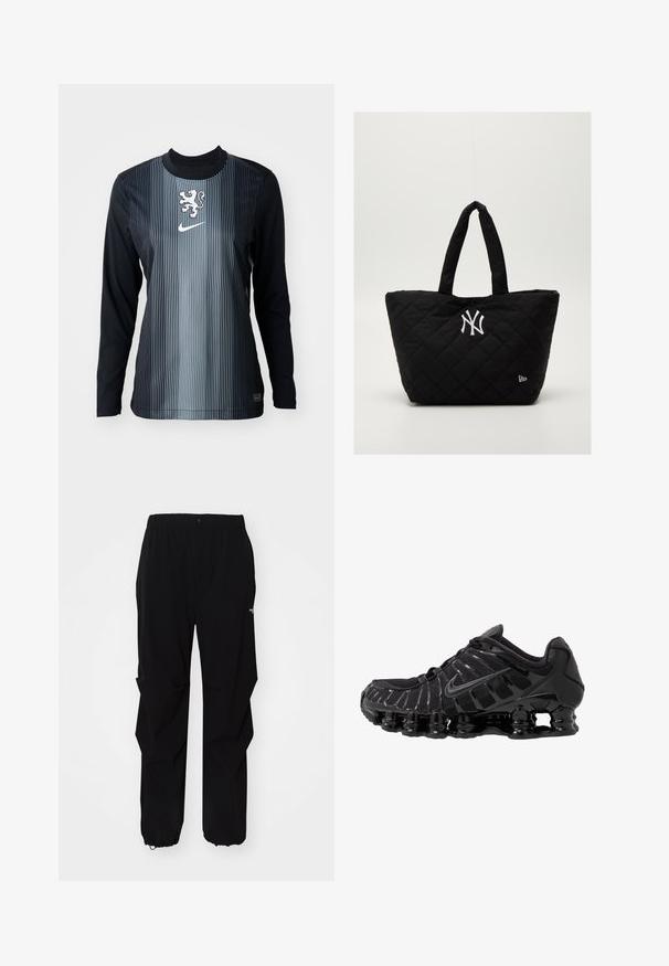 Long-sleeve shirt in black and gray with vertical stripes, featuring a lion emblem and Nike logo on the chest. Smooth texture, athletic fit.; Black outdoor pants made from durable material, featuring a relaxed fit, elastic waistband, and cinched cuffs for adjustable length.; Black athletic shoe with mesh upper and glossy overlays. Features curved coil cushioning and textured lines on the side. Nike logo visible.; Quilted black tote bag with double handles, featuring a white New York Yankees logo and a small brand emblem on the side.