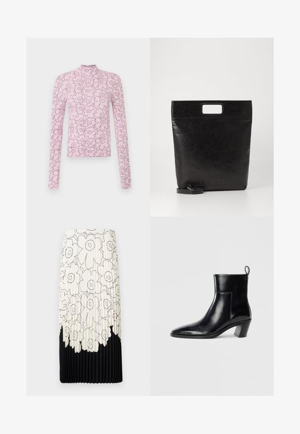 Pink long-sleeve top with a high collar, featuring a floral pattern outlined in darker pink. Made from ribbed fabric, close-fitting design.; Pleated skirt with a floral black and white pattern, featuring a light top half with flowers and a solid black bottom hem.; Black leather ankle boot with a pointed toe, a geometric stacked heel, and a pull tab at the back. Smooth texture and sleek design.; Black leather tote bag with a square handle, featuring a textured finish and embossed logo. Includes a detachable strap.
