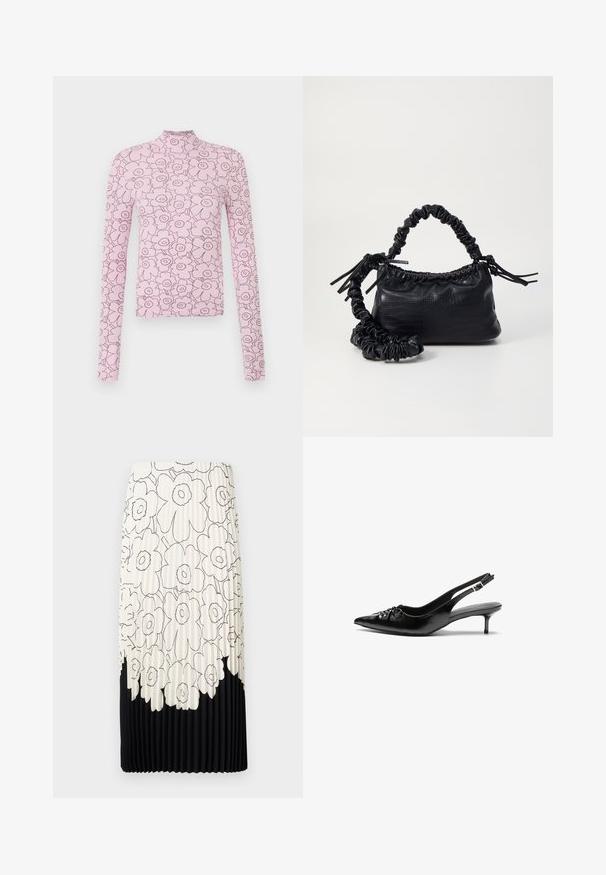 Roza dolgi rukavi vrh z visokim ovratnikom, ki ima cvetlični vzorec obrobljen v temneje roza. Narejen je iz rebraste tkanine in ima prilegnjen dizajn.; Nabrana krila s črno-bele cvetlične slike, ki ima svetlo zgornje polovico s cvetlicami in enobarvni črn spodnji rob.; Črne usnjene slingback pete z izostrenim nosom, majhno mačje peto in okrasno vozličasto podrobnostjo na sprednjem delu. Gladka tekstura po celotni površini.; Črna torbica iz umetnega usnja s krokodilovo teksturo, z zvitim vrhom in zmečkano naramico. Zdi se mehka in kompaktna v oblikovanju.