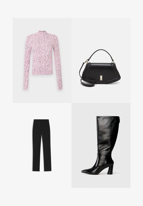 Rosa Langarmoberteil mit hohem Kragen, das ein florales Muster in dunklerem Rosa aufweist. Aus geripptem Stoff gefertigt, mit körperbetontem Design.; Schwarze maßgeschneiderte Hose mit geradem Bein, ausgestattet mit Fronttaschen und einem glatten, strukturierten Stoff. Saubere, minimale Details.; Knöchelhohe schwarze Lederstiefel mit einer spitzen Zehe, glatter Oberfläche und einem klobigen Absatz. Verfügt über einen Reißverschluss hinten.; Schwarze Lederhandtasche mit einem strukturierten Design, das eine verkürzte Form, einen oberen Griff und goldfarbene Hardware-Details aufweist. Verstellbarer Schulterriemen ist enthalten.