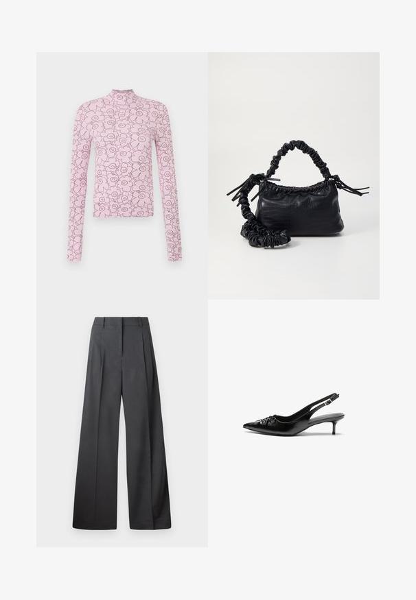 Pink long-sleeve top with a high collar, featuring a floral pattern outlined in darker pink. Made from ribbed fabric, close-fitting design.; Wide-leg trousers in dark gray fabric, featuring a high waist, single pleats, and a smooth texture with a clean finish at the hems.; Black leather slingback heels with a pointed toe, small kitten heel, and a decorative knot detail on the front. Smooth texture throughout.; Black faux leather handbag with a crocodile texture, cinched top, and a scrunched strap. Appears soft and compact in design.