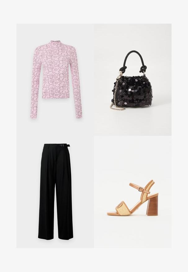 Rózsaszín, hosszú ujjú felső, magas gallérral, sötétebb rózsaszín virágmintával. Bordás anyagból készült, testhezálló fazon.; Fekete, bő szárú nadrág magas derékkal, elöl pliszírozva, és csattal ellátott övvel. Simább, könnyű anyagból készült.; Barna bőr és szőtt szalma magassarkú szandál, bokapánttal, nyitott orral és vastag, fára hasonlító sarokkal, vízszintes csíkokkal.; Fekete flitteres mini kézitáska csomózott textúrájú pánttal és ezüst lánccal. Lekerekített forma, ráncolt tetejével és fényvisszaverő részletekkel.