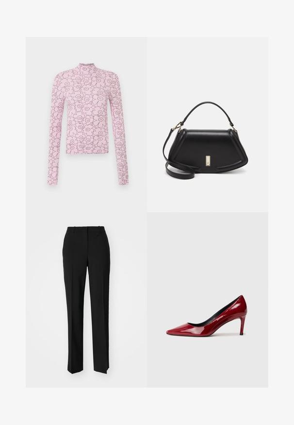 Pink long-sleeve top with a high collar, featuring a floral pattern outlined in darker pink. Made from ribbed fabric, close-fitting design.; Black tailored trousers with a straight-leg design, featuring a smooth texture and crisp creases along the front. No visible hardware.; Red patent leather high-heeled shoe with a pointed toe and a slim heel. Smooth texture with a glossy finish and black interior lining.; Black leather handbag with a structured design, featuring a cropped shape, top handle, and gold hardware accent. Adjustable shoulder strap included.