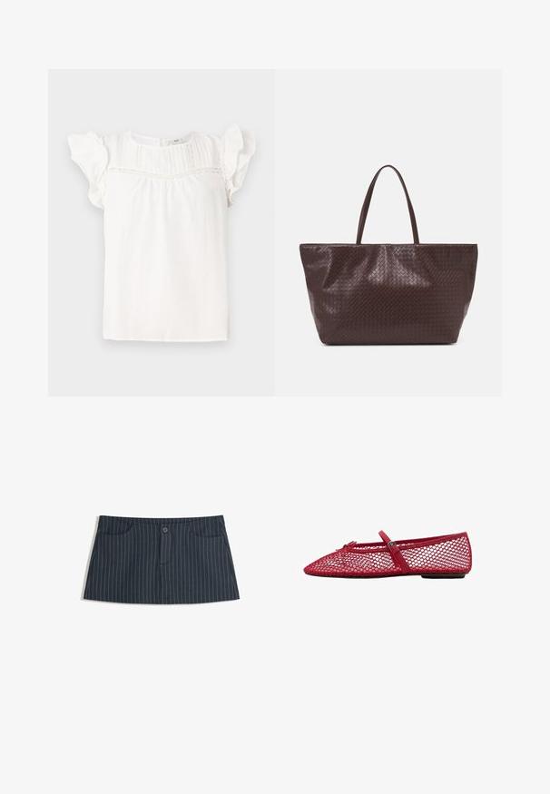 Bela bluzica s kratkimi nabrano obrobljenimi rokavi, ki ima vertikalne nabore in čipkaste detajle ob dekolteju. Mehka tkanina in sproščen kroj.; Mornarsko modra mini krila s prugicami, z sprednjimi žepi in enim gumbom za zapiranje na pasu.; Rde mrežaste balerinke s koničastim prstom, ki imajo tanek trak in podrobnost z zaponko. Zgornji del ima odprt, satasti vzorec.; Brahna tkanina iz usnja v rjavi barvi s tema dvema ročajema, strukturo obliko in teksturirano površino, ki vsebuje diamante vzorec po celotni površini.