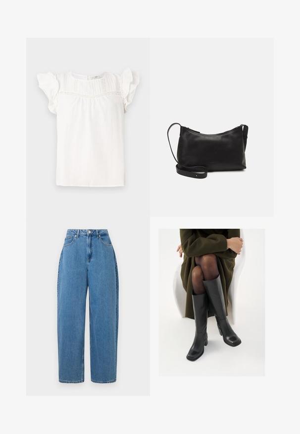 Fehér blúz rövid fodros ujjakkal, függőleges pliszézett mintával és csipke részletekkel a nyakrészen. Puha anyag és laza szabás.; világoskék farmernadrág egyenes szabással, magas derékkal és elöl gombos záródással. Öt zsebbel rendelkezik és minimális varrási részletek találhatók rajta.; Térdfelett érő fekete bőr csizmák négyzet alakú orral és tömbtalppal, olajzöld kabátban ülő modellel bemutatva. Simaság, minimalista részletezés.; Fekete bőr válltáska sima felülettel, ívelt formával, állítható pánttal és cipzáras záródással. Minimalista dizájn díszítmények nélkül.