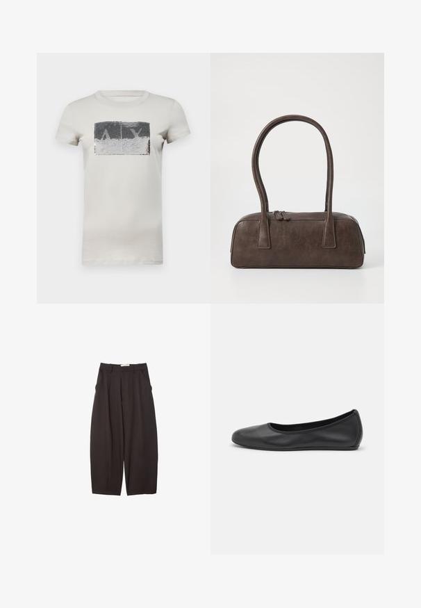 Baumwoll-T-Shirt in hellbeige mit einem rechteckigen Pailletten-Patch in Silber, das die Buchstaben "ALYX" in einem Schwarz-Weiß-Verlauf-Design zeigt.; Schwarze weit geschnittene Hosen aus einem glatten Stoff, mit hoher Taille, Frontfalten und Seitentaschen. Schlichtes Design ohne Verzierungen.; Schwarze Leder-Ballettschuhe mit abgerundeter Spitze, glatter Textur, minimalen Nähdetails und einem flexiblen Sohlen-Design.; Braune Lederhandtasche mit zwei stabilen Griffen, rechteckiger Form, glatter Oberfläche und Reißverschluss. Minimalistisches Design ohne sichtbare Muster.