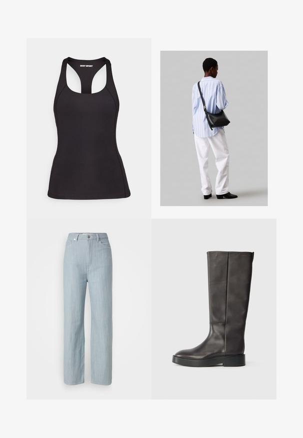 Čierna atletická tank top s hladkým materiálom, s dizajnom na ramenách a kontrastným prešívaním pre zvýšenú trvanlivosť.; Svetlomodré džínsy rovného strihu vyrobené z denimu. Majú päť vreciek, kovové zapínanie na gombík a jemné žmolkovanie pre textúru.; Čierne kožené čižmy po kolená s hrubou podrážkou a jemným logom Calvin Klein blízko horného okraja, zobrazené z boku.; Čierna kožená ramenná taška so mäkkou textúrou, trojuholníkovým tvarom a nastaviteľným popruhom, skombinovaná s svetlomodrou pruhovanou košeľou a bielymi nohavicami.