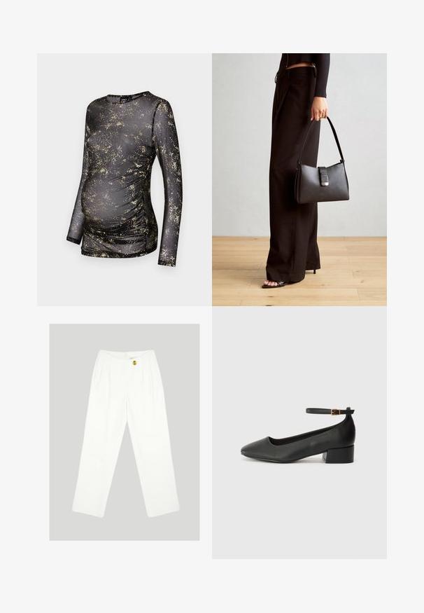 Fekete, hosszú ujjú felső, arany pöttyökkel díszítve, rugalmas anyagból készült, oldalain ráncolt részlettel, hogy helyet adjon a növekvő pocaknak.; Fehér, széles lábú nadrág sima anyagból. Egyetlen sárga gombbal záródik, és pleats dizájnja van elöl. Nincsenek látható zsebek.; Fekete bőr magassarkú cipő hegyes orral és alacsony tömb sarkal. Bokapánttal rendelkezik, aranyszínű csattal. Simább textúra.; Fekete kézi táska strukturált formával, sima textúrával és fémből készült záródással. Széles fekete nadrággal és nyitott orrú szandállal párosítva, fából készült padlón.