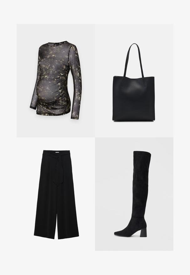 Mustaga pikkade varrukatega topp kuldsete täppidega, valmistatud venivast kangast, külgedel rippumisega, et mahutada kasvavat kõhtu.; Mustad laiad püksid, millel on tekstureeritud kangas, elastne vöökoht ja eemaldatav pael vööst, et reguleerida sobivust.; Must must ümberpööratud musta nahast põlve kõrgune saapad blokknõelaga, terava varbaga ja sujuva, õmblusteta disainiga, asetatud heledale taustale.; Mustast nahast kott sujuva tekstuuriga, ristkülikukujuline ja kahe pika sangaga. Pole nähtavat riistvara ega kaunistusi.