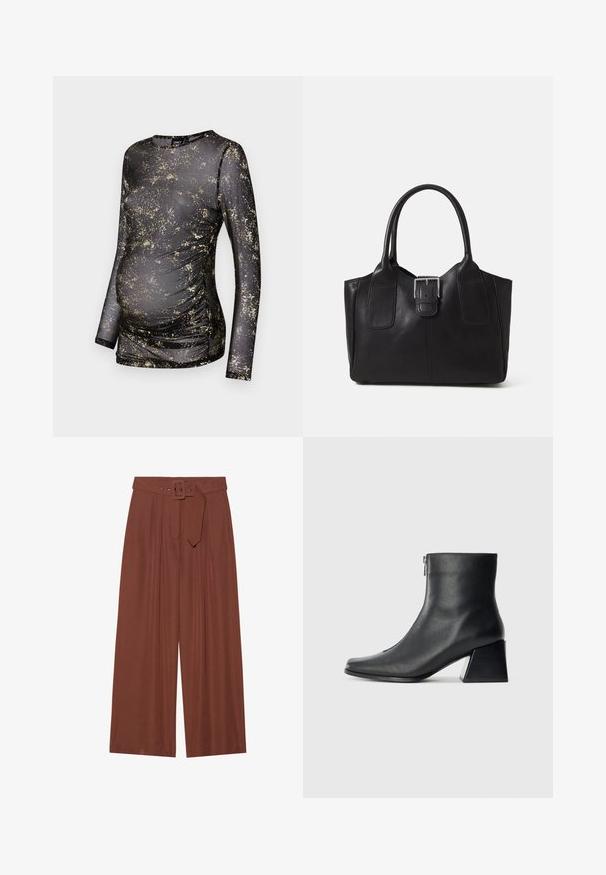 Crna majica dugih rukava s zlatnim točkicama, izrađena od rastezljivog materijala, s naborima sa strane kako bi se prilagodila rastućem trbuhu.; Hlače širokih nogavica od smeđeg materijala, s remenom sa kvadratnom kopčom, nabranim dizajnom i glatkom teksturom.; Crne kožne gležnjače sa četvrtastim vrhom, bočnim patentnim zatvaračem i blok petom na jednostavnoj svijetloj pozadini.; Crna kožna torba za nošenje s glatkom teksturom, strukturiranim oblikom, dvije ručke i istaknutim srebrnim kopčanjem na prednjoj strani.