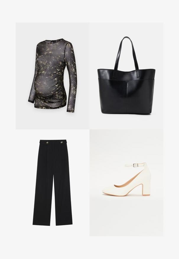 Čierny dlhý rukáv top so zlatým bodkovaným vzorom, vyrobený z elastického materiálu, ktorý má na bokoch naťahovanie, aby sa prispôsobil rastúcemu brušku.; Čierne široké nohavice s vysokým pásom, so zapínaním na gombíky na páse a prednými sklady.; Biele lodičky na vysokom podpätku s špicatou špičkou, blokovým podpätkom a remienkom okolo členka. Hladký povrch s jemným leskom a béžovým vnútorným podšíváním.; Čierna kožená tote taška s dvoma dlhými rúčkami, hladkým povrchom a štruktúrovaným tvarom. Obsahuje prednú kapsu pre dodatočné uskladnenie.
