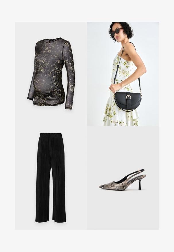 Zwarte lange mouwen top met een gouden gespikkeld patroon, gemaakt van rekbaar materiaal, met ruching aan de zijkanten om een groeiende buik te accommoderen.; Zwarte geplooide broek met een elastische tailleband. Beschikt over wijde pijpen en een glad, gestructureerd stof met verticale strepen.; Puntige slingback schoenen van textuur leer met slangenprint, met een slanke zwarte hak en een uitgesneden ontwerp aan de zijkanten.; Zwarte leren handtas met een gebogen vorm, afneembare schouderband en gouden hardware. De tas heeft een klep met een gespsluiting.