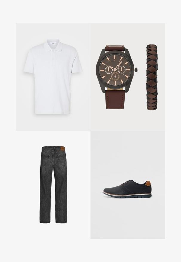 Balta trumpa rankovėmis polo marškinėliai, pagaminti iš minkštos medžiagos, su apykakle, dviem mygtukais ir subtiliu logotipu ant krūtinės.; Juodi džinsai su tiesaus kirpimo dizainu, penkių kišenių stiliumi ir ruda odine etikete ties liemeniu. Tekstūruotas audinys su siuvimo detalėmis.; Juodi sintetiniai batai su tekstūruotu paviršiumi, lygiomis detalėmis, ruda kulna ir kontrastingu padu. Yra minimalus raištelių užsidėjimas ir siuvimo detalės.; Pier One SET - Laikrodis - black/brown