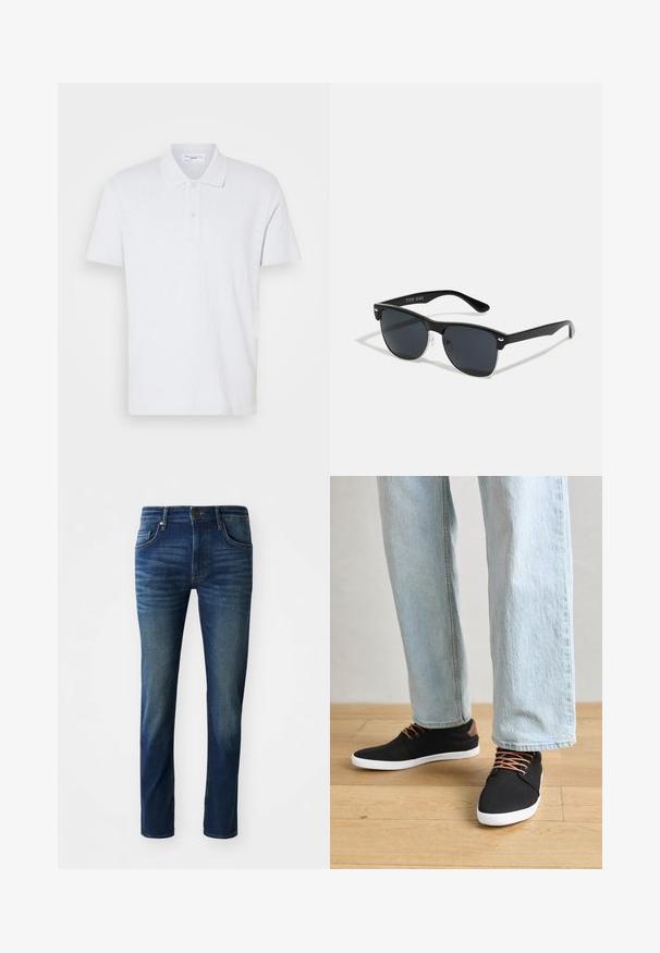 Fehér, rövid ujjú pólóing, puha anyagból, gallérral, két gombos záródással és finom logóval a mellet.; Sötétkék farmernadrág, karcsú szabással, öt zsebbel, elöl gombos záródással és enyhén kopott textúrával a nadrág szárán.; Fekete vászon sportcipők barna részletekkel, fehér gumitalppal és barna fűzővel, világoskék egyenes szabású farmernadrággal párosítva. Fa padló háttér.; Fekete napszemüveg, téglalap alakú, sötét lencsékkel, ezüst részletekkel a szárakon, és matt felülettel a kereten.