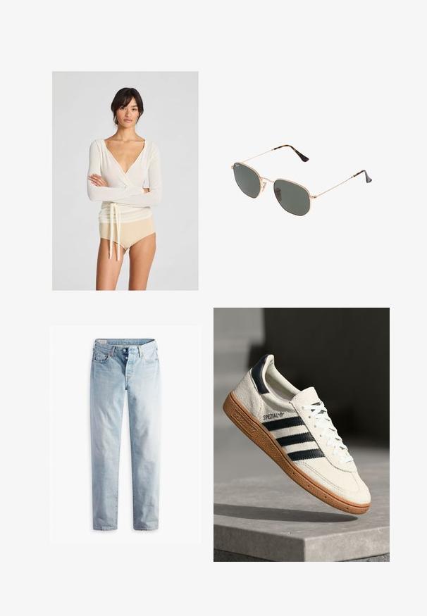 Kerge kreemjas kätetops, millel on pikad varrukad ja sügav V-kaelus, vöökoht on seotav detail, paaritatud nude-kõrge vöökohaga pükstega.; Heledad sinine denimidest püksid sirge lõikega, kahe esipocketi ja kahe tagataskuga. Omandab kahekaupa nööbivahendi ja peene õmbluse.; Valge suede toss, millel on tumesinised triibud, kummist alus, tekstureeritud pealis, ümar varvas ja paelad; külgedel ja keelel on brändingu elemendid.; Kuldne metallraamiga prillid tumeroheline lensega, piloot-stiil, millel on õhukesed käepidemed ja kilpkonna mustriga aktsendid otstes.; Mustreeritud musta õmblusteta kunstnahast kott, millel on ahelstraps, kuuekülgse mustriga ja ees kaunistav tiiviku detail.