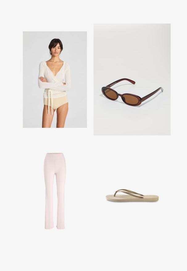 Világos krémszínű, hosszú ujjú, mély V-nyakú felső, deréknál megkötős részlettel, amelyet meztelen színű, magas derekú alsóval párosítottak.; Pale pink, lágy, rugalmas anyagból készült, bokánál szélesedő nadrág, magas derékkal és látható minták vagy fém részek nélkül.; Világos bézs szandál, textúrázott talprészel, lapos talppal és vékony, fényes pántokkal. Diszkrét logó található a pánton.; Kerek, barna árnyalatú napszemüveg fényes burgundi kerettel. Karcsú karok diszkrét márkázással. Lapos lencse kialakítás.