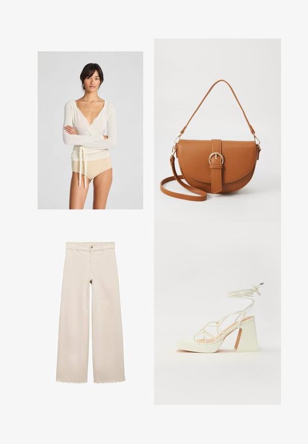 Light cream wrap top with long sleeves and a deep V-neck, featuring a tie detail at the waist, paired with nude high-waisted bottoms.; Beige wide-leg jeans with a high waist, featuring a button closure, front pockets, and frayed hem. Made of denim fabric.; White high-heeled sandal with a chunky heel, featuring a strappy design and ankle tie. Smooth texture with a platform front for added height.; Brown leather crossbody bag with a curved shape, gold hardware, and a buckle accent. Features a detachable shoulder strap.