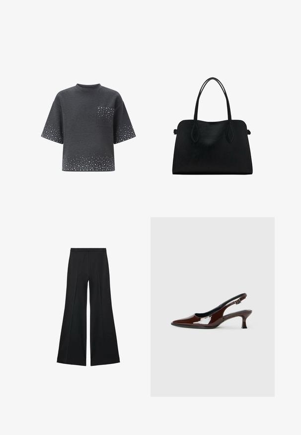 Donkergrijze T-shirt met korte mouwen en ronde hals, voorzak en een verspreid lichtgrijs stippenpatroon op de mouwen, zak en zoom.; Zwarte wijde-pijpen broek met een gladde textuur, gekenmerkt door voorplooien en een op maat gemaakte uitstraling. De stof is lichtgewicht en vloeiend.; Bruine gepatineerde leren slingback-schoen met een spitse neus en een gematigd hakje. Voorzien van een gespsluiting voor een veilige pasvorm. Glad van textuur.; Zwarte leren handtas met dubbele schouderriemen, rechthoekige vorm en minimalistisch ontwerp op een witte achtergrond.