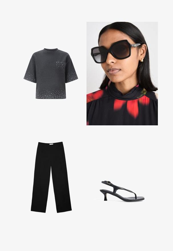 Tumehall harilik särk lühikeste varrukatega, ümar kaelus, esikott ning hajus helehall täppide muster varrukatel, kotil ja allservas.; Mustad jala püksid mustast kangast, millel on sile tekstuur, puhas disain ja diskreetne külgprusik sulgemiseks.; Must must-sandaal, millel on peen disain, õhukesed rihmad ja väike konts. Omab pandla aktsenti ja sileda tekstuuriga jalatsite sisetald.; Mustad ümmargused prillid geomeetrilise raamiga, tumedat tooni läätsed ja kuldset tooni aksessuaarid, kantud lillemustrilise kõrge kaelusega pluusiga.