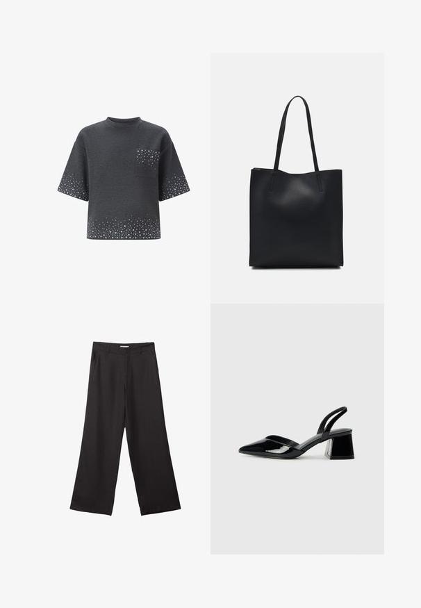 Temno siva majica s kratkimi rokavi, okroglim izrezom, sprednjim žepom in razpršenim svetlo sivim pikčastim vzorcem na rokavih, žepu in robu.; Črne široke hlače iz gladkega materiala, z sprednjim zadrgo in dvema stranskima žepoma, s prilagojenim krojem in minimalističnim dizajnom.; Črne lakirane slingback pete s koničastim nosom in geometrijsko blokasto peto. Imajo eleganten, minimalističen dizajn in gladko teksturo.; Črna usnjena torba s svilnato teksturo, pravokotne oblike in dvema dolgima ročajema. Brez vidnih metalnih delov ali okrasnih elementov.