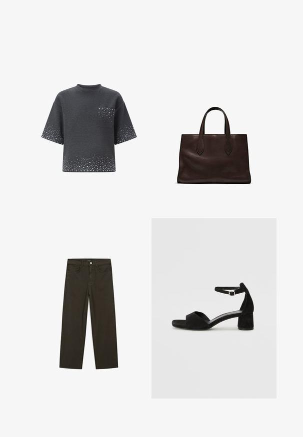 Maglietta grigia scura a maniche corte con colletto rotondo, tasca anteriore e motivo a pois grigi chiari sparsi su maniche, tasca e orlo.; Jeans a gamba larga di colore verde scuro, realizzati in tessuto misto cotone, dotati di chiusura con bottone frontale, cinque tasche e cuciture classiche in denim.; Sandali con tacco in suede nero, con una sottile fascia alla caviglia, design open toe e un discreto tacco a blocco. Texture liscia e decorazioni minime.; Borsa a spalla in pelle marrone con due manici lunghi, forma rettangolare strutturata, texture liscia e dettagli di cucitura sottili.