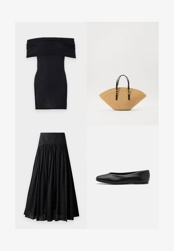 Czarna sukienka bez ramiączek z marszczonym dekoltem, dopasowana, o gładkiej fakturze. Minimalistyczny design, długości do kolan, bez dodatkowych ozdób.; Czarna maxi spódnica z bawełny z haftowanym pasem. Posiada marszczoną tkaninę i detale w formie oczek wzdłuż dołu.; Paul Smith TOPANGA czarny; Torebka słomiana o unikalnym kształcie wachlarza, beżowej plecionej teksturze i czarnych skórzanych uchwytach z złotymi klamrami. Regulowany pasek dla większej wszechstronności.
