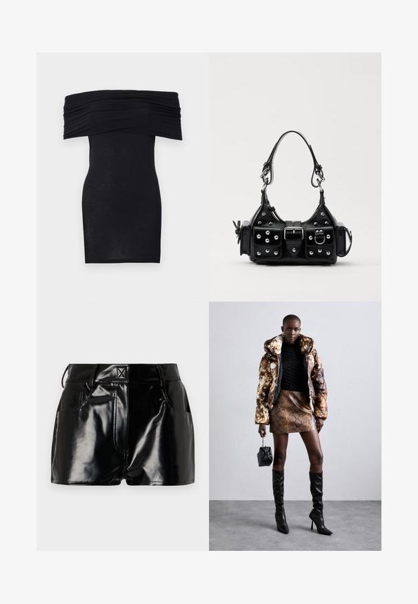 Black off-the-shoulder dress with gathered neckline, slim fit, and smooth texture. Minimalist design, knee-length with no additional embellishments.; Black, glossy shorts made of synthetic material. Features a fitted waist, belt loops, and front pockets with prominent stitching details.; Puffer jacket with a brown and black pattern, paired with a brown snake print mini skirt, black knee-high boots, and a small black bag.; Black leather handbag with a curved design, featuring silver studs, a buckle, and two side pockets. Adjustable strap for carrying options.