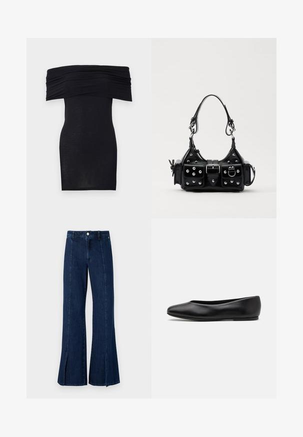 Juoda su petnešomis suknelė su surinktu iškirpimu, aptempta silueto ir lygaus paviršiaus. Minimalistinis dizainas, iki kelių ilgio, be papildomų puošmenų.; Tamsiai mėlyni plačių kojų džinsai, su aukštu liemeniu, skilimu apatinėje dalyje ir klasikiniu penkių kišenių dizainu su металiniu užsegimu.; Paul Smith TOPANGA - Balerinos stiliaus laivutės - black; Juodas odinis rankinukas su kreiviu dizainu, su sidabro spalvos knopkėmis, užsegimu ir dviem šoninėmis kišenėmis. Reguliuojama dirželis nešimui.