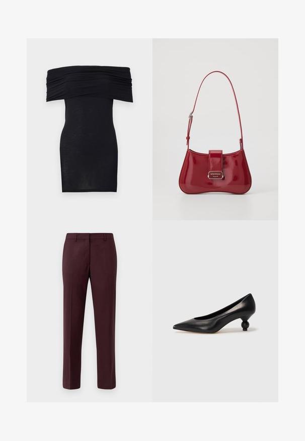 Čierne šaty bez ramienok s riaseným výstrihom, tesný strih a hladká textura. Minimalistický dizajn, dĺžka po kolená bez ďalších ozdôb.; Burgundské nohavice na mieru vyrobené z hladkej tkaniny. Majú plochý predný pás, úzky strih a žiadne viditeľné vrecká ani ozdoby.; Čierna kožená vysoká topánka na podpätku s ostrým špičkou a okrúhlym, guľatým podpätkom. Hladký povrch s moderným, minimalistickým dizajnom.; Červená kabelka z lakovanej kože s zakriveným tvarom, so zapínaním na klopu a strieborným logom. Súčasťou je nastaviteľný ramenný popruh.