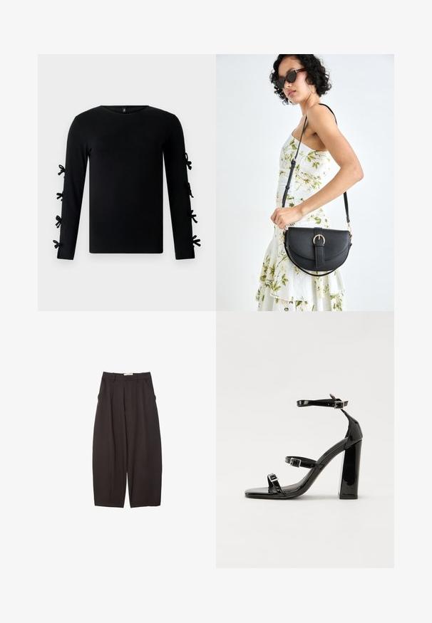 Črna majica z dolgimi rokavi in okroglim izrezom ter okrasnimi pentljami na rokavih. Narejena je iz mehke, elastične tkanine.; Črne široke hlače iz gladkega materiala, z visokim pasom, zgornjimi pregibi in stranskimi žepi. Preprost dizajn brez okrasnih elementov.; Črne lakirane sandale s peto, kvadratnim prstom, trakovi okrog gležnja in srebrnimi zaponkami. Opremljene so s stabilno Debelo peto.; Črna usnjena torbica s ukrivljeno obliko, z odstranljivo naramnico in zlatimi dodatki. Torbica ima pokrov s podrobnostmi v obliki zaponke.