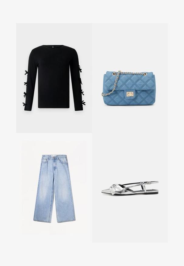 Fekete, hosszú ujjú póló kerek nyakkivágással és díszes masnis részletekkel az ujjakon. Puha, rugalmas anyagból készült.; Bershka WIDE-LEG - Széles szárú - light-blue denim; Ezüst fémes slip-on lapos cipők hegyes orral, elöl csomó részlettel és állítható pánttal a biztos illeszkedés érdekében.; ONLY ONLFLORENCE CROSSBODY BAG - Keresztpántos táska - blue denim/gold