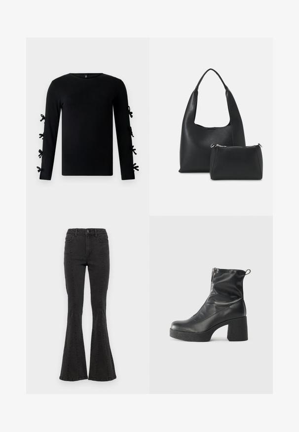 Must musta pikkade varrukatega särk, millel on ümar kaelus ja dekoratiivsed lipsu aktsendid varrukatel. Valmistatud pehmest ja venivast kangast.; Mustad denimist laiad püksid kõrge vöökohaga, külgõmblustega ja puhta viimistlusega hemperites. Kanga pind on sile ja kerge venivusega.; Mustad mustad ansapüksid, mis on valmistatud siledast nahast, külje zipperiga, paksu tekstuuriga kontsaga ja ümmarguse nina disainiga.; Even&Odd Käekott - black