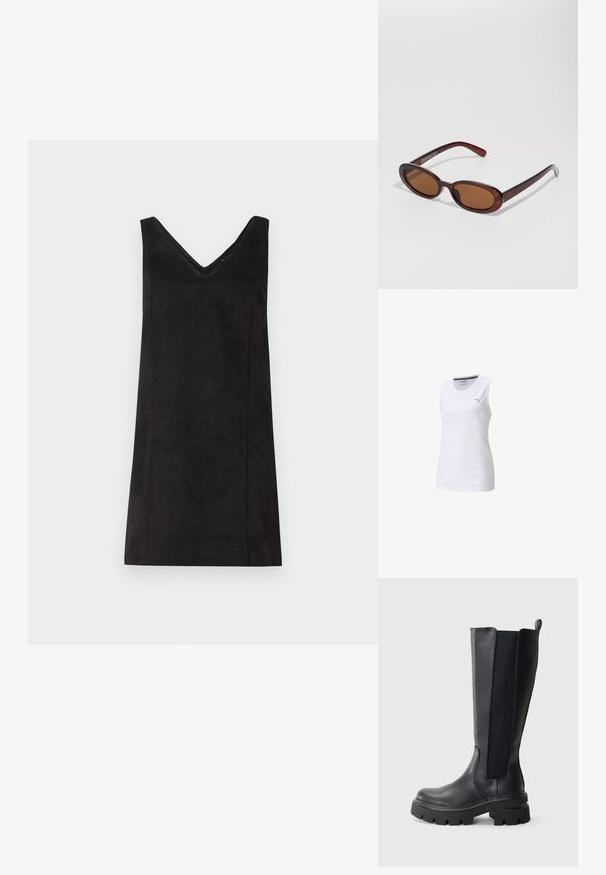 Fehér, ujjatlan sporttop, könnyű, légáteresztő anyagból; kerek nyakú, bal mellrészen kis szürke logóval.; Fekete, ujjatlan ruha V-nyakkal, puha anyagból készült, egyenes szabású, minimalista részletekkel. Sima textúra.; Fekete, térdig érő csizmák, sima bőr felsőrésszel és kontrasztos elasztikus oldalsó panelekkel. Vastag gumitalp, kiemelkedő mintázattal.; Kerek, barna árnyalatú napszemüveg fényes burgundi kerettel. Karcsú karok diszkrét márkázással. Lapos lencse kialakítás.; Szövetelt bordó bőr kézi táska, kerekded formával, vastag fogantyúval és cipzáras nyitással. Simaságot és összefonódott mintázatot mutat.