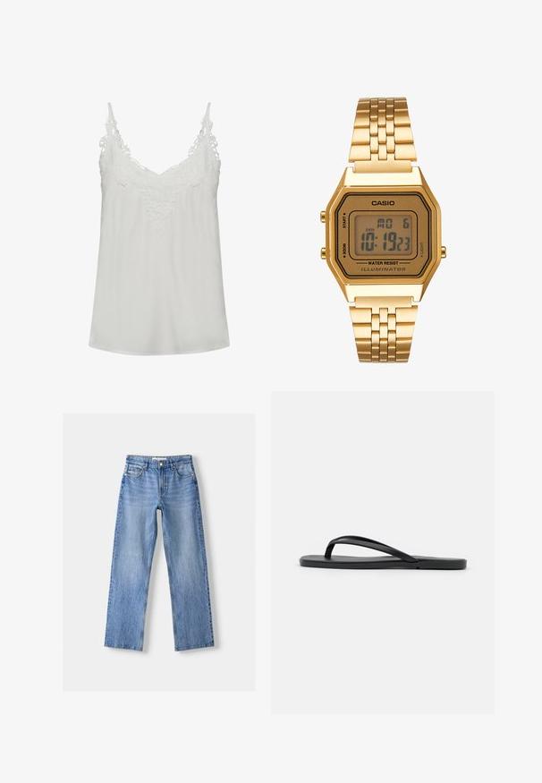 Bílá saténová košilka s krajkovým zdobením podél výstřihu do V a nastavitelními ramínky. Měkká textura a silueta ve tvaru písmene A.; Svetle modré džínové kalhoty s rovnými nohavicemi, s pěti kapsami, předním zapínáním na knoflík a jemným opráním pro texturu.; Černé žabky s minimalistickým designem, plochou podrážkou, úzkými pásky a hladkým povrchem. Bez dalších vzorů nebo akcentů.; Zlaté digitální hodinky s obdélníkovým ciferníkem, LCD displejem, nerezovým páskem a tlačítky na boku. Obsahují označení odolnosti proti vodě.