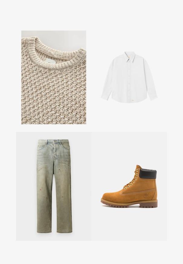 Svijetlosmeđi pleteni pulover s teksturiranim, tkanim uzorkom i rebrastim okruglim izrezom. Mješavina pamuka osigurava udobnost i prozračnost.; Bijela košulja s dugim rukavima i klasičnim okovratnikom, sa zaobljenim rubom; na donjoj lijevoj strani ima mali narančasti logo.; Iznošeni traperice u svijetlozelenoj boji, s ravnim nogavicama, pet džepova i neujednačenim izblijedjenjem s mrljama od boje.; Antracitne antilop čizme do gležnjeva s crnim podstavljenim ovratnikom, zlatnim metalnim rupicama, bijelim šavovima i robusnom gumenom potplatom s izraženim šarama.