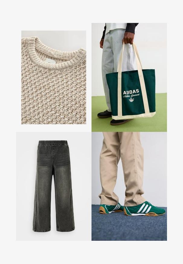 Vaaleanbeige neulepusero, jossa on teksturoitu, kudottu kuviomalli ja ribbetty pyöreä pääntie. Puuvillasekoite takaa mukavuuden ja hengittävyyden.; Mustat huovutetut farkut, joissa on joustava vyötärö ja leveät lahkeet, joissa on hienovaraiset pystysaumayksityiskohdat sivuilla.; Vihreät tikatut tennarit, joissa on valkoiset raidat ja ruskeat kumipohjat, yhdistettynä beigeihin housuihin. Suunnittelussa on matala profiili ja teksuroitu materiaali.; Henkilö, jolla on pimeänvihreä Adidas-kassi vaaleanbeigeillä remmeillä ja pohjalla, käyttää vaaleita farkkuja ja mustia kenkiä vihreällä lattialla.