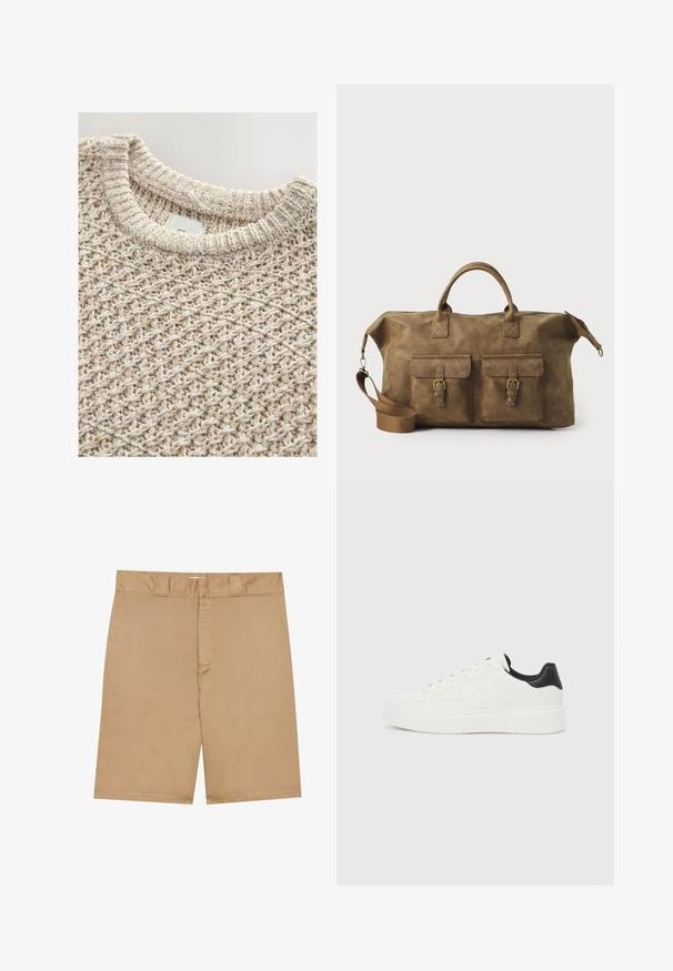 Helle beige Strickpullover mit einem strukturierten, gewebten Muster und einem gerippten Rundhalsausschnitt. Das Baumwollgemisch sorgt für Komfort und Atmungsaktivität.; Khaki-Shorts mit flachem Bund, Reißverschluss vorne und seitlichen Taschen; aus einem glatten, leichten Stoff mit einer dezenten Textur hergestellt.; Weißes Leder-Sneaker mit geprägtem Muster, strukturierter weißer Zwischensohle und schwarzen Akzenten an der Ferse. Verfügt über eine abgerundete Zehenpartie und flache Schnürsenkel.; Braune Ledertasche mit zwei Fronttaschen, verstellbarem Schulterriemen, goldfarbenen Beschlägen und stabilen oberen Griffen. Glatte Textur.