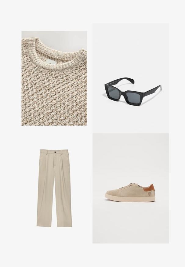 Helle beige Strickpullover mit einem strukturierten, gewebten Muster und einem gerippten Rundhalsausschnitt. Das Baumwollgemisch sorgt für Komfort und Atmungsaktivität.; Beige Hosen mit geradem Schnitt, ausgestattet mit einem einzelnen schwarzen Knopf, Gürtelschlaufen und Seitentaschen. Glatte Stofftextur und minimalistisches Design.; Beige Wildlederschuhe mit einem gestickten Design, hellfarbiger Gummisohle und braunen Lederakzenten an der Ferse und im Logo.; Schwarze rechteckige Sonnenbrille mit dunklen Gläsern. Kunststoffrahmen mit glänzender Oberfläche, ausgestattet mit einer breiten Brücke und leicht verjüngten Bügeln.