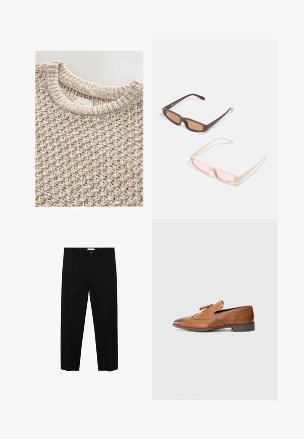 Helle beige Strickpullover mit einem strukturierten, gewebten Muster und einem gerippten Rundhalsausschnitt. Das Baumwollgemisch sorgt für Komfort und Atmungsaktivität.; Schwarze, maßgeschneiderte Hosen mit geradem Schnitt, ausgestattet mit einem einzelnen Knopfverschluss, Gürtelschlaufen und vorderen Falten. Hergestellt aus einem glatten Stoff.; Braunes Leder-Schuh mit durchbrochener Dekoration, strukturierten Seiten, flacher Sohle und einer dekorativen Schleife an der Oberseite. Klassisches Design mit einer glatten Oberfläche.; Zwei Paare Sonnenbrillen: eine braune mit braunen getönten Gläsern, die andere cremefarben mit rosa getönten Gläsern; beide haben ein elegantes rechteckiges Design.