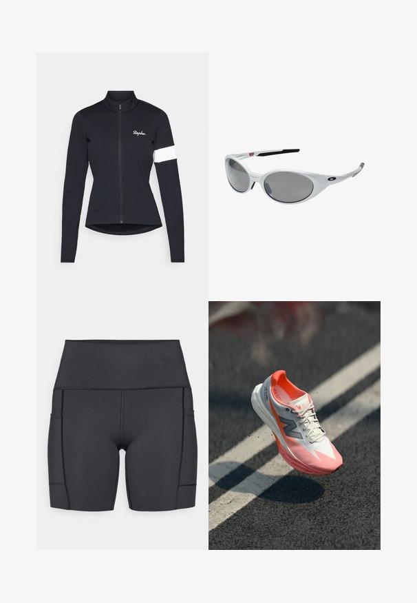 Rapha WOMENS CORE JACKET - Maillot de cycliste - black/white; Shorts noirs taille haute en tissu extensible, dotés de poches latérales, de coutures planes et d'une texture lisse pour un confort optimal lors des activités.; Chaussure de course avec une tige blanche et rose, présentant une texture en maille, des accents réfléchissants et une semelle rembourrée. Conception légère pour la performance.; Lunettes de soleil en plastique blanc avec de grandes lentilles ovales, teintées en gris. Caractéristiques de plaquettes noires et d'un petit logo sur la monture. Fini lisse.